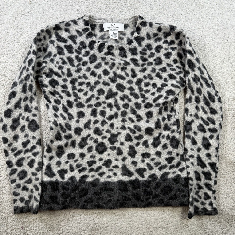 Magaschoni Sweater Womens Large Grey 100% Cashmere Leopard Print Crewneck Soft